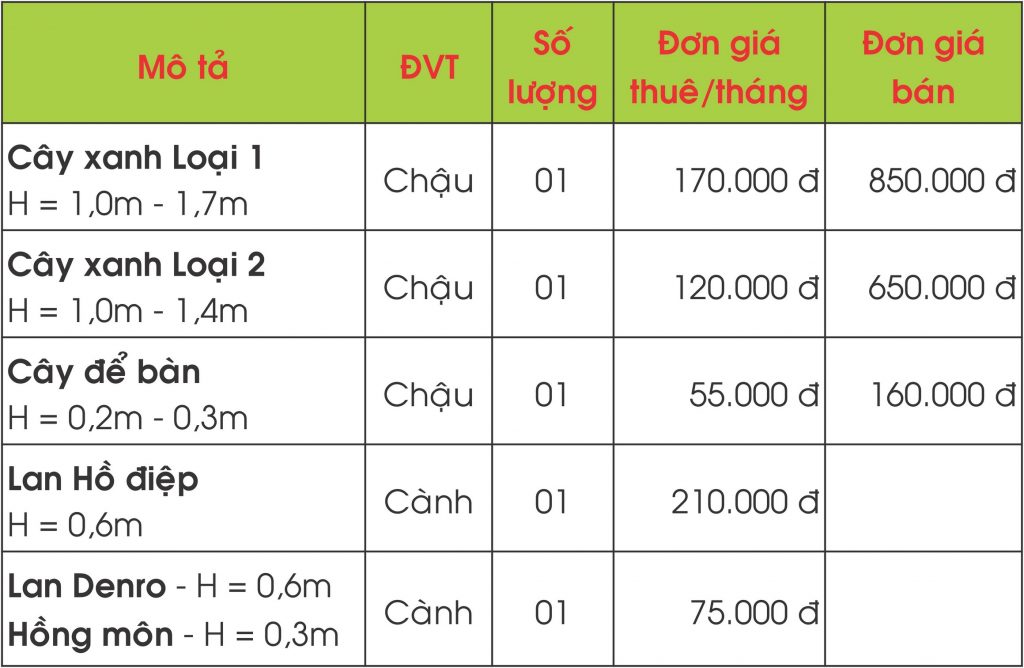 bảng giá cho thuê cây cảnh 2021